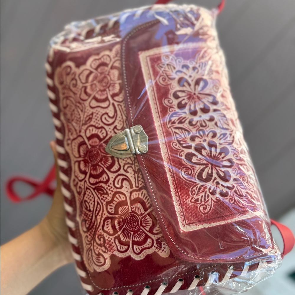 Floral Embossed Red Leather Bag